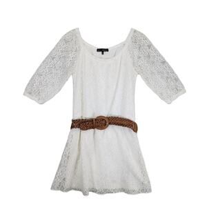Heart Soul Women's M White Lace Dress w/ Braided Faux Leather Belt Boho Country